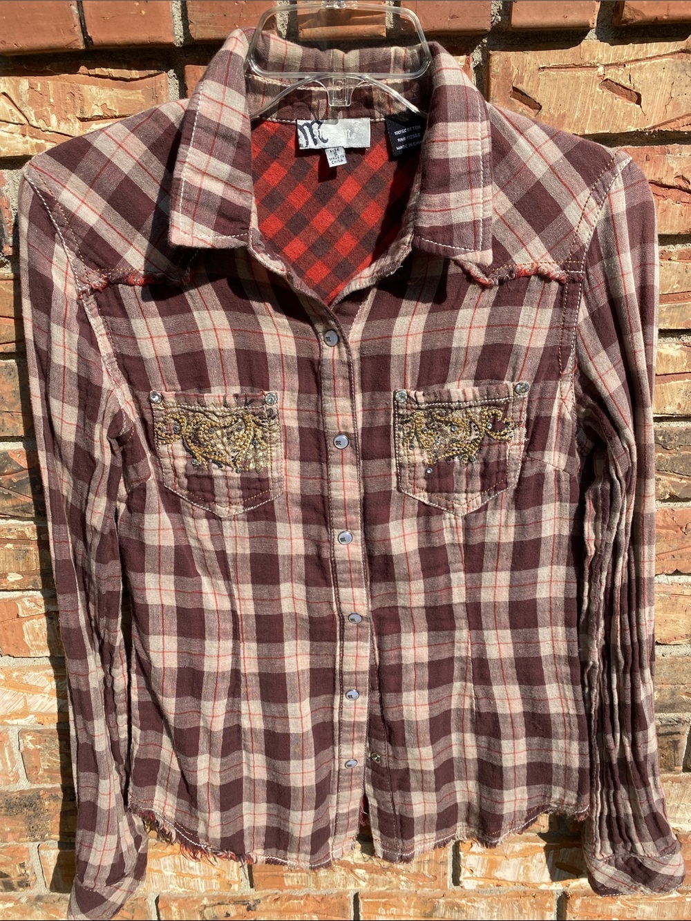 Miss Me Embellished Plaid Button-Up(snap)Shirt - Brown & Cream S